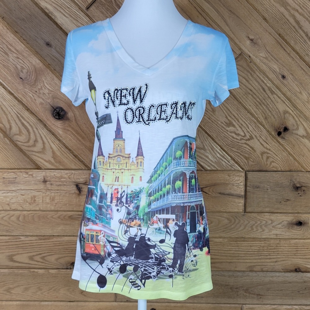S & J Womens T Shirt New Orleans Graphic Top Beaded V Neck Short Sleeve Size 1XL